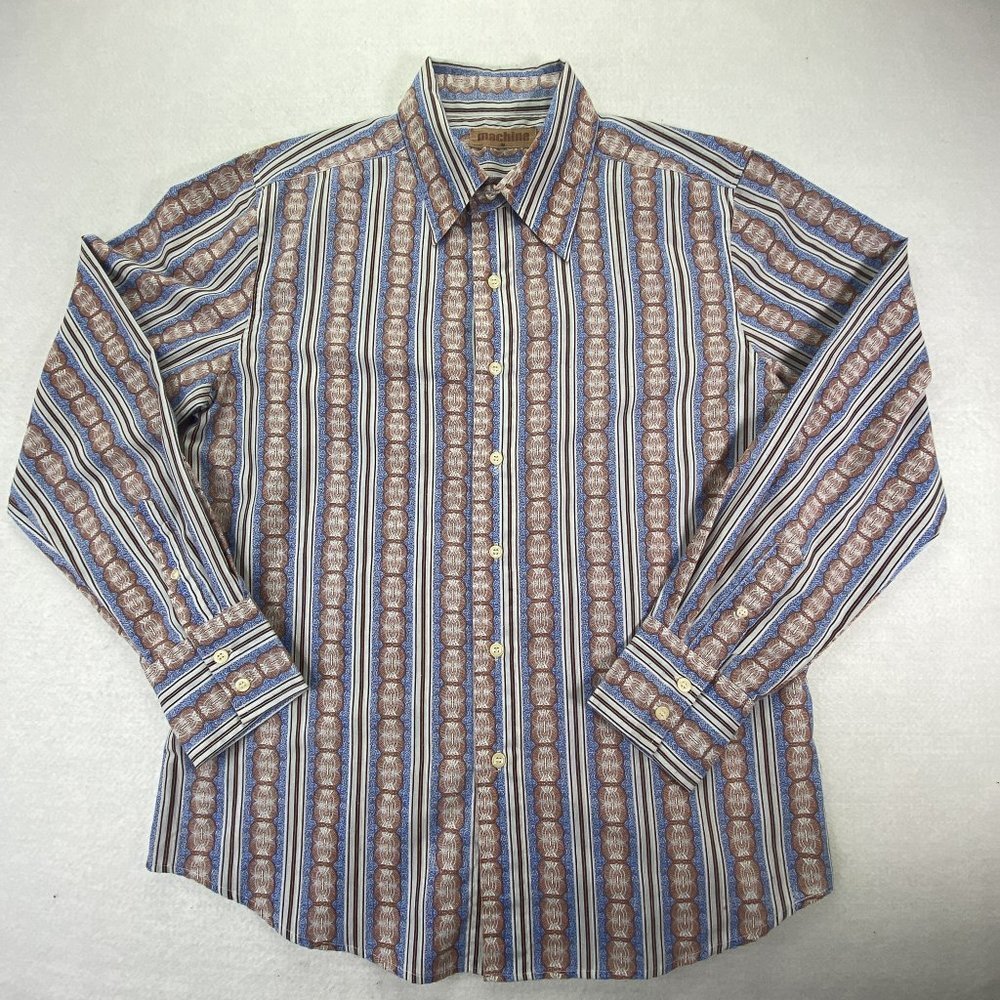 Machine Mens Shirt Brown Blue Medium Casual Collared Long Sleeve Button Up #1049